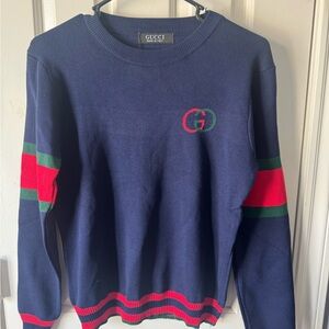 Gucci Blue Crewneck Sweater with Red and Green Stripes